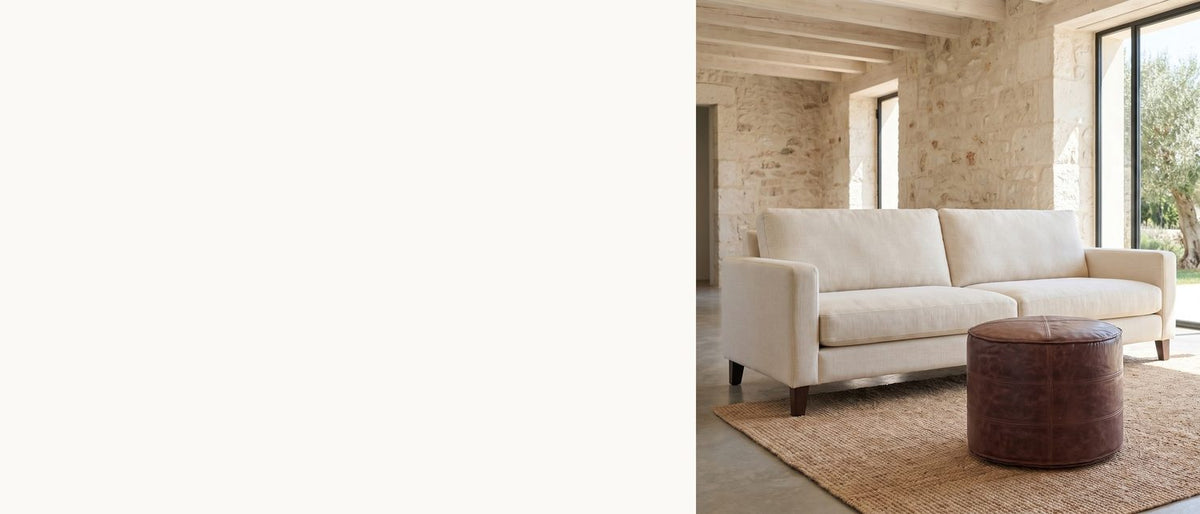 Buffalo leather, a low drum. - Moneglia Distressed Brown Top-Grain Buffalo Leather Round Pouf