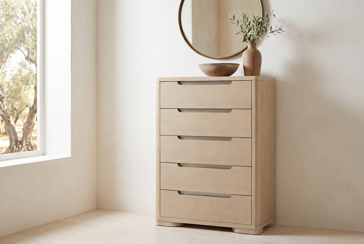 Pale elm, standing tall. - Monselice 38-Inch Light Elm 5-Drawer Chest
