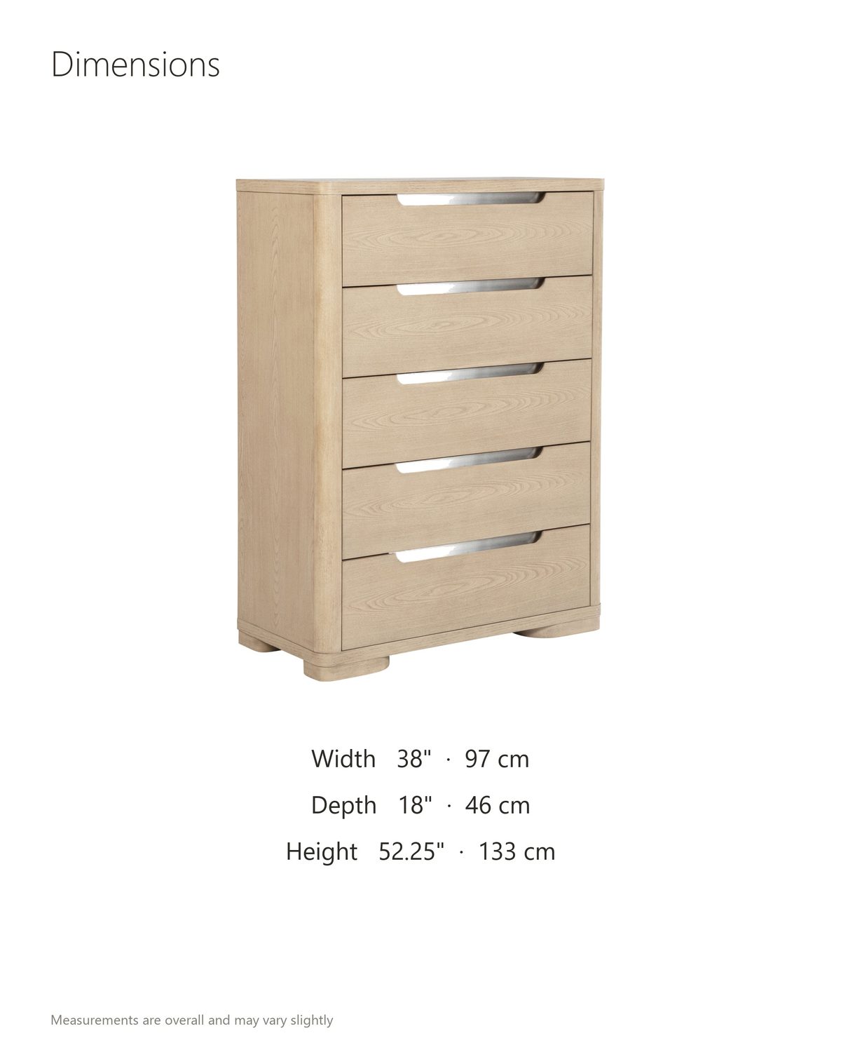 Monselice 38-Inch Light Elm 5-Drawer Chest dimensions: 38 in wide, 18 in deep, 52.25 in high
