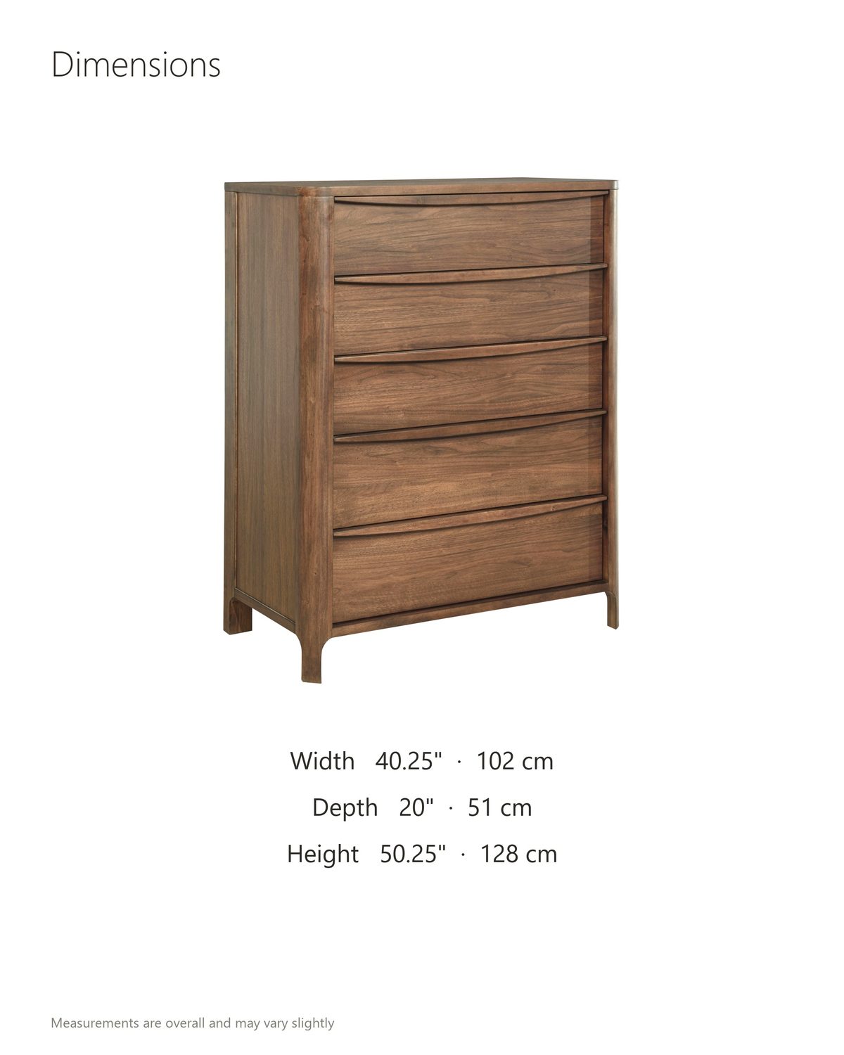 Montagnana 40-Inch Walnut 5-Drawer Chest dimensions: 40.25 in wide, 20 in deep, 50.25 in high