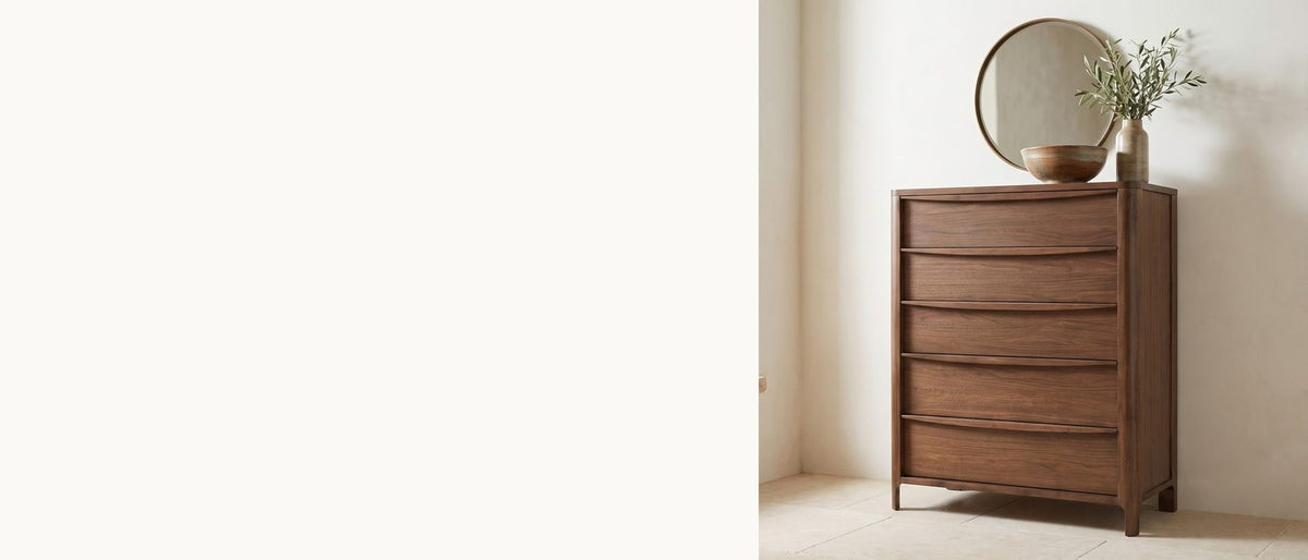 Five soft arcs, no metal. - Montagnana 40-Inch Walnut 5-Drawer Chest
