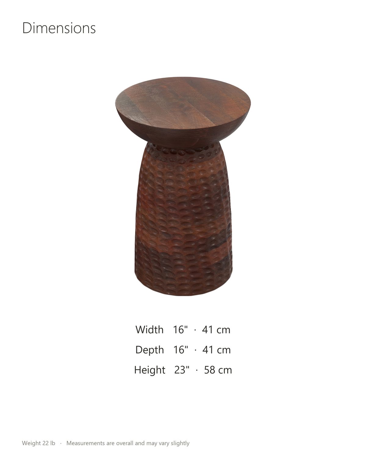 Montalbano Carved Mango Pedestal Side Table dimensions: 16 in wide, 16 in deep, 23 in high