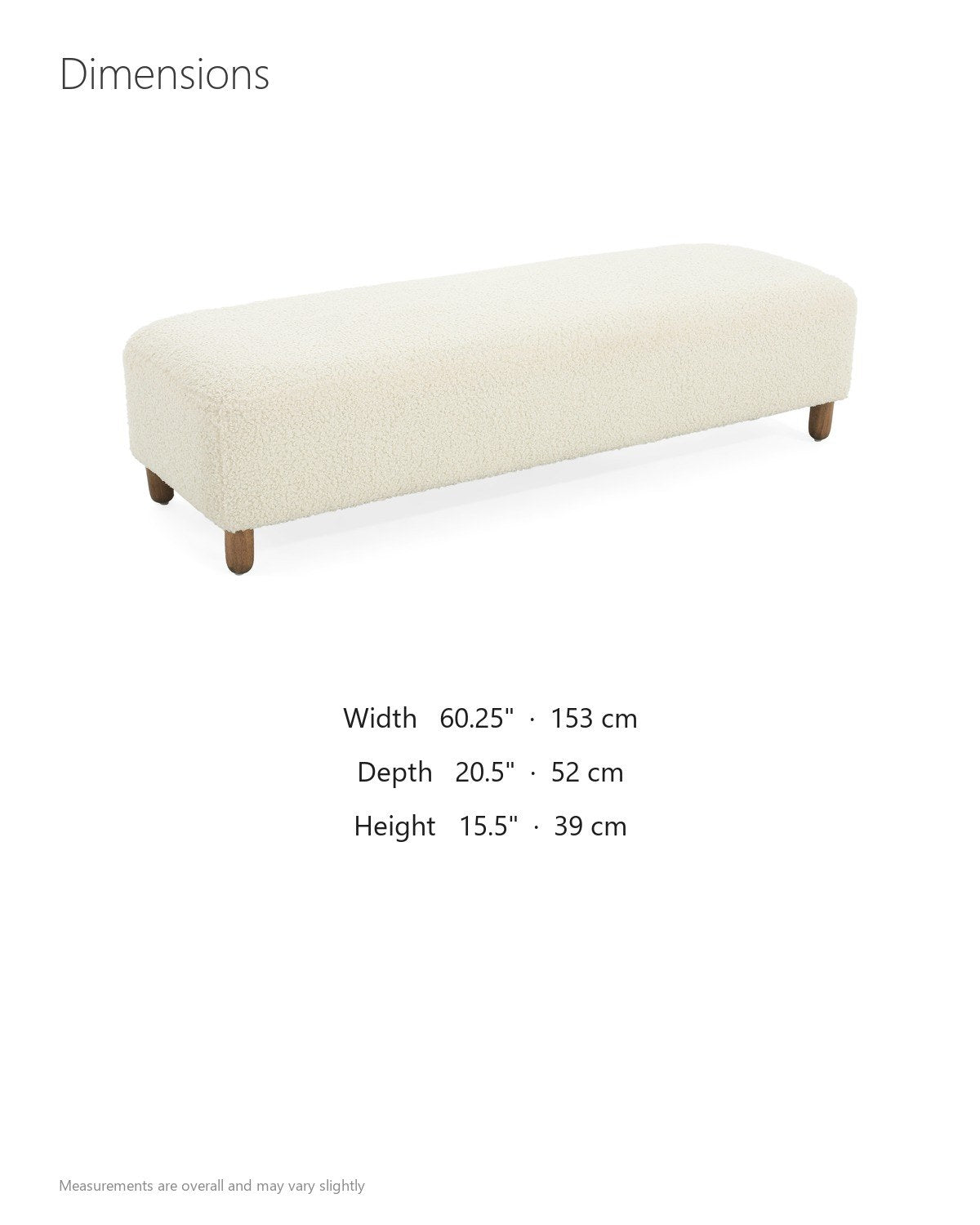 Montalto 60-Inch Ivory Sherpa Upholstered Bench Ottoman dimensions