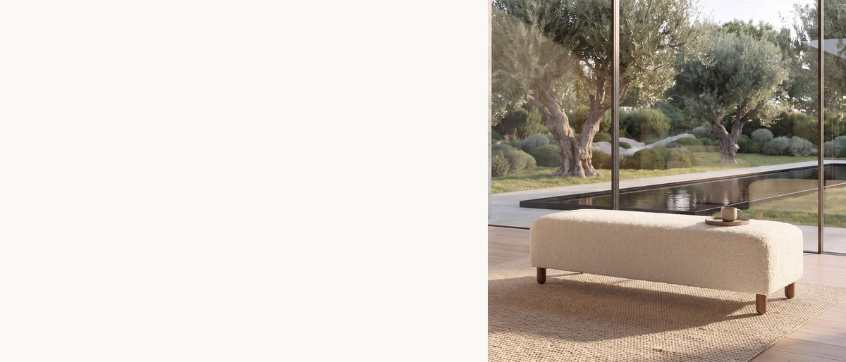 Soft texture, simple shape. - Montalto 60-Inch Ivory Sherpa Upholstered Bench Ottoman
