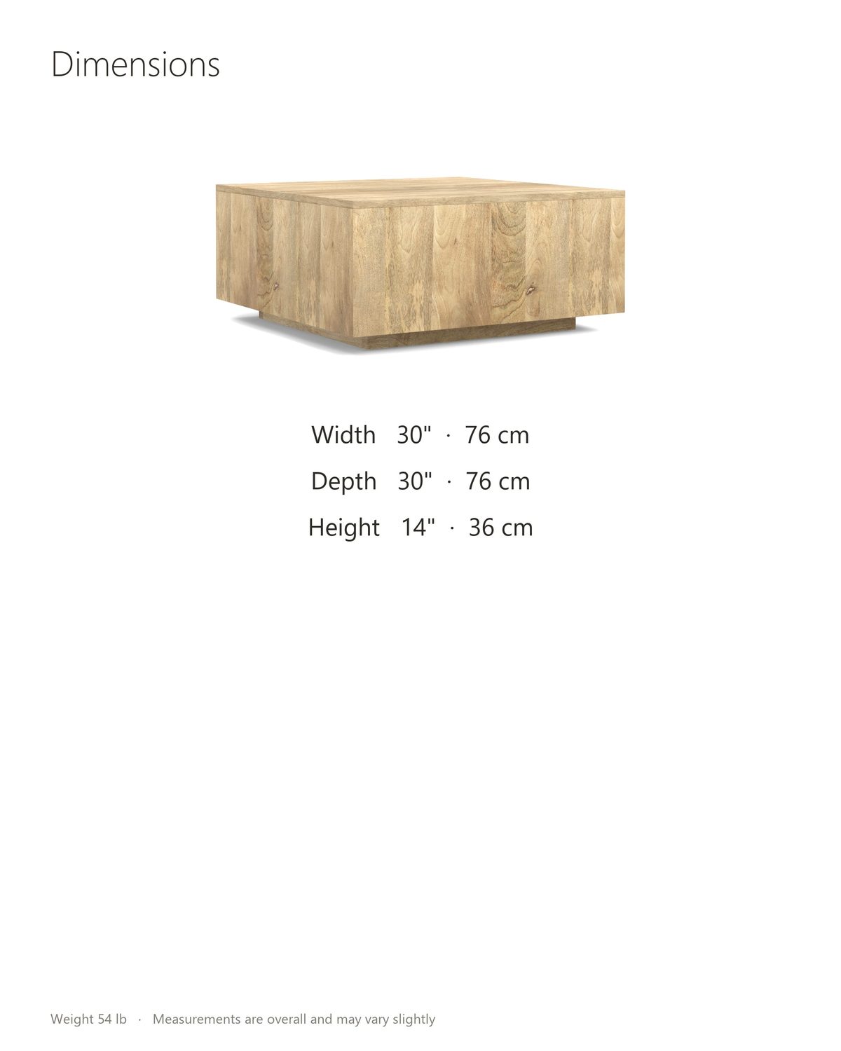 Montecatini Square Mango Coffee Table dimensions: 30 in wide, 30 in deep, 14 in high