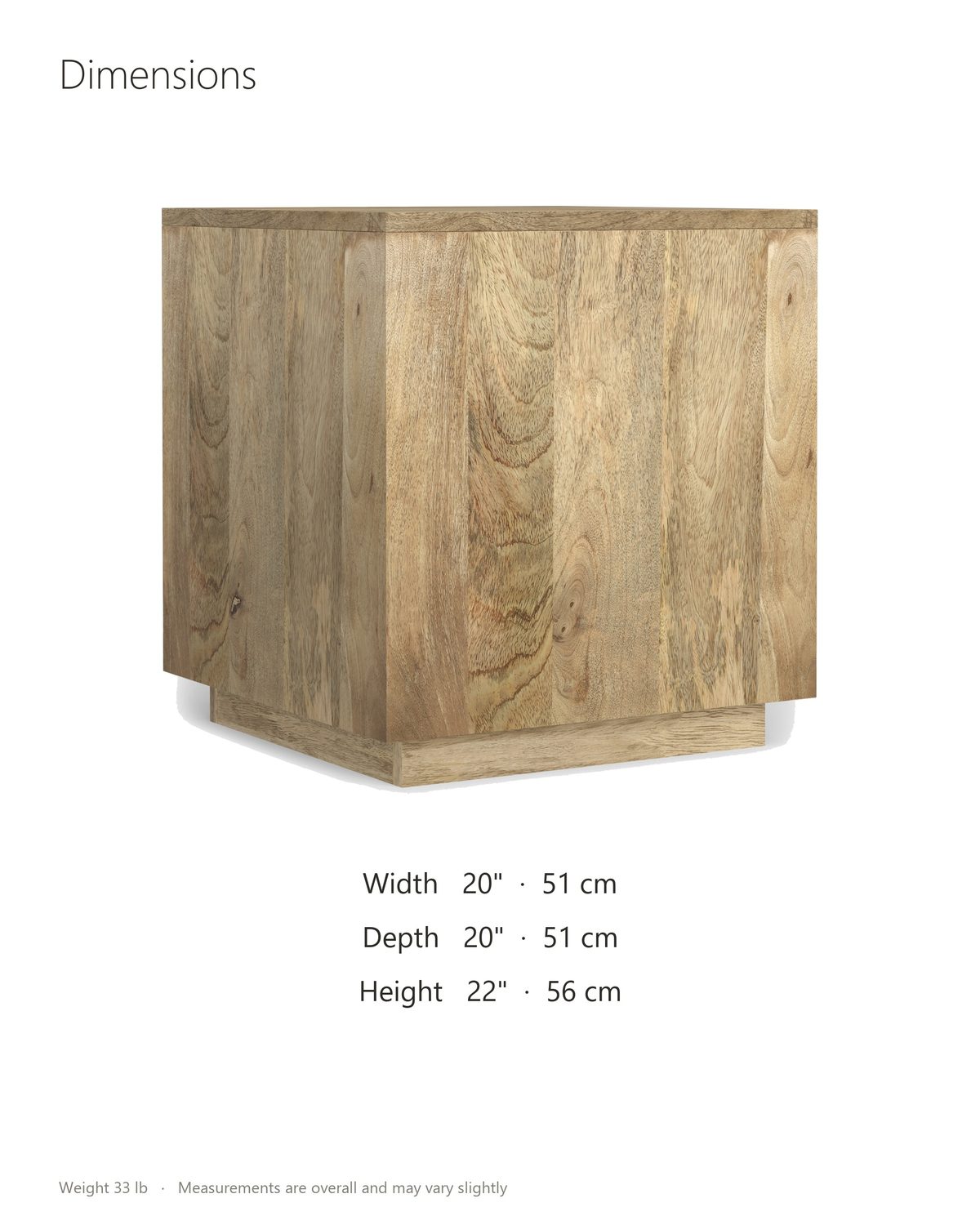 Montecatini Square Mango Side Table dimensions: 20 in wide, 20 in deep, 22 in high