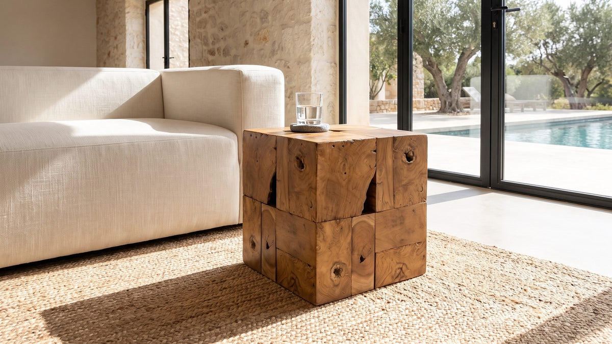 Raw teak, every piece different. - Montefiore Teak Root Cube Side Table