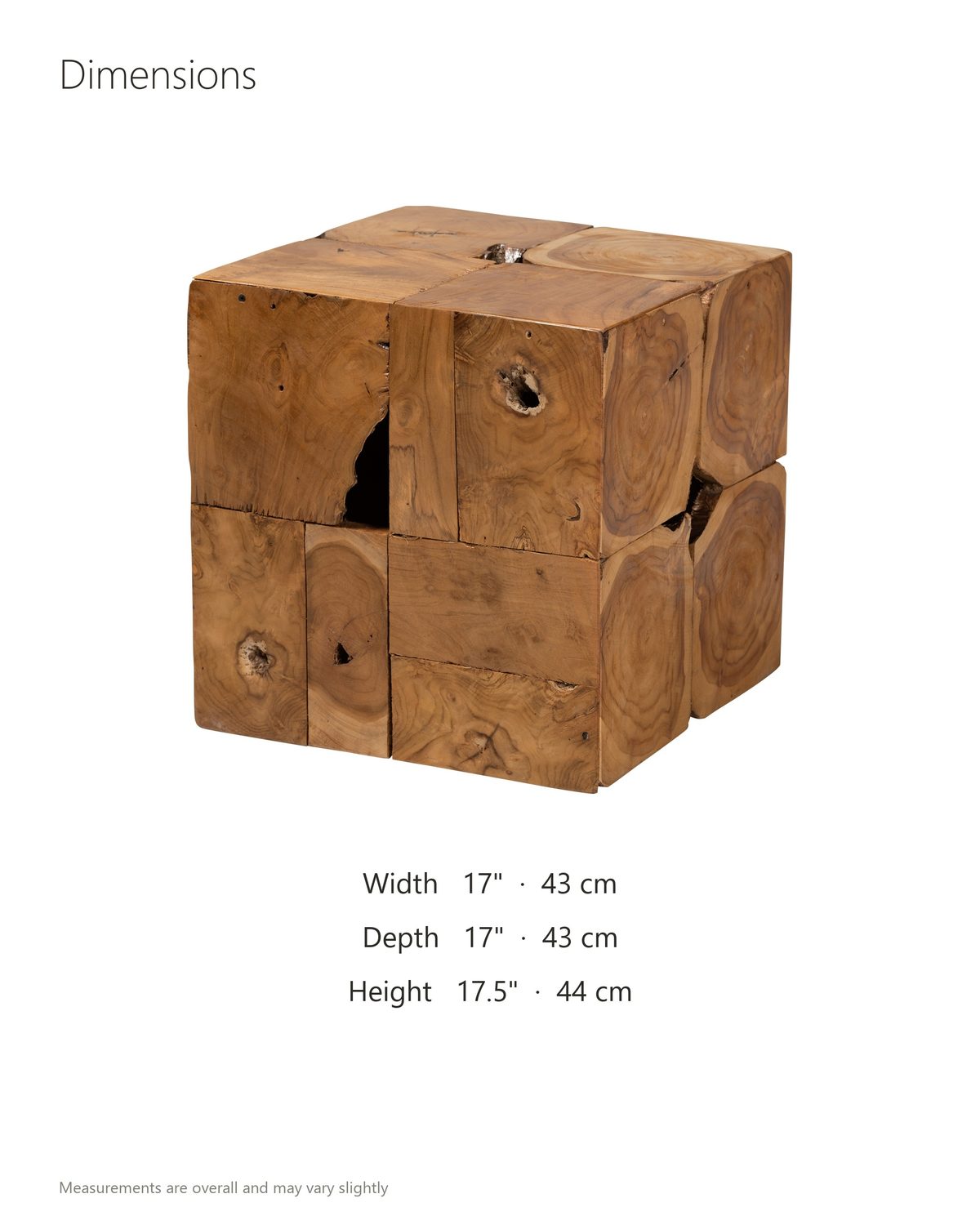 Montefiore Teak Root Cube Side Table dimensions: 17 in wide, 17 in deep, 17.5 in high