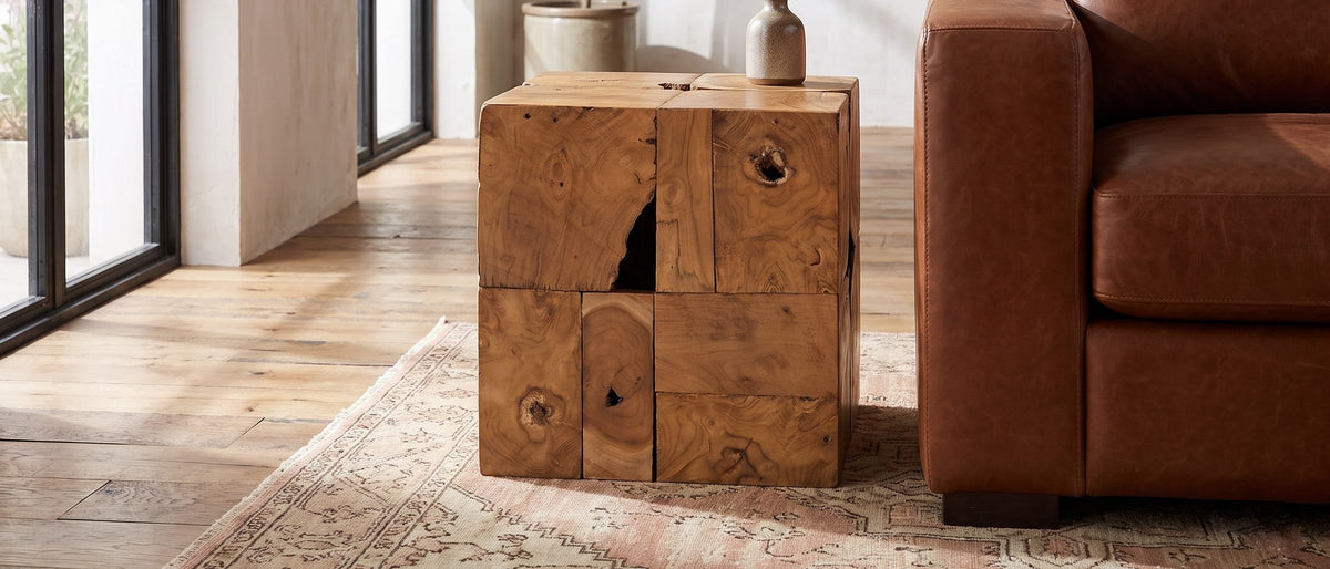 Montefiore Teak Root Cube Side Table in the room