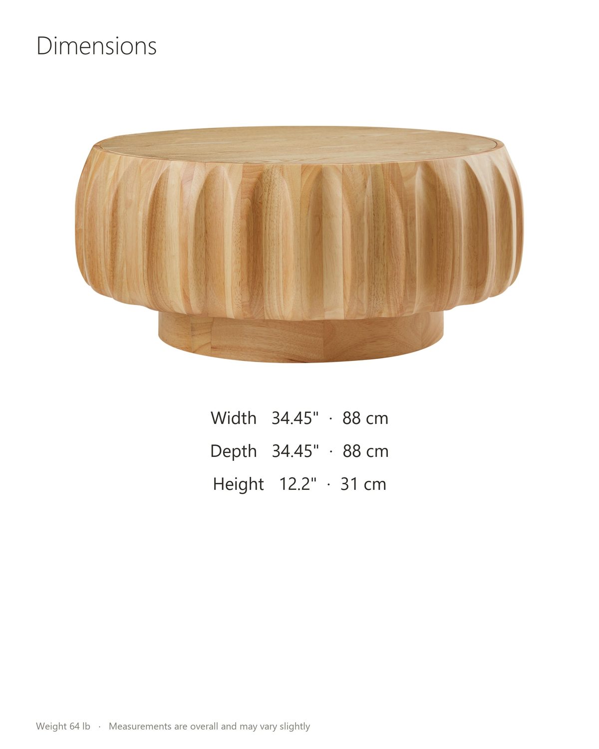 Montepulciano Fluted Ash Coffee Table dimensions: 34.45 in wide, 34.45 in deep, 12.2 in high