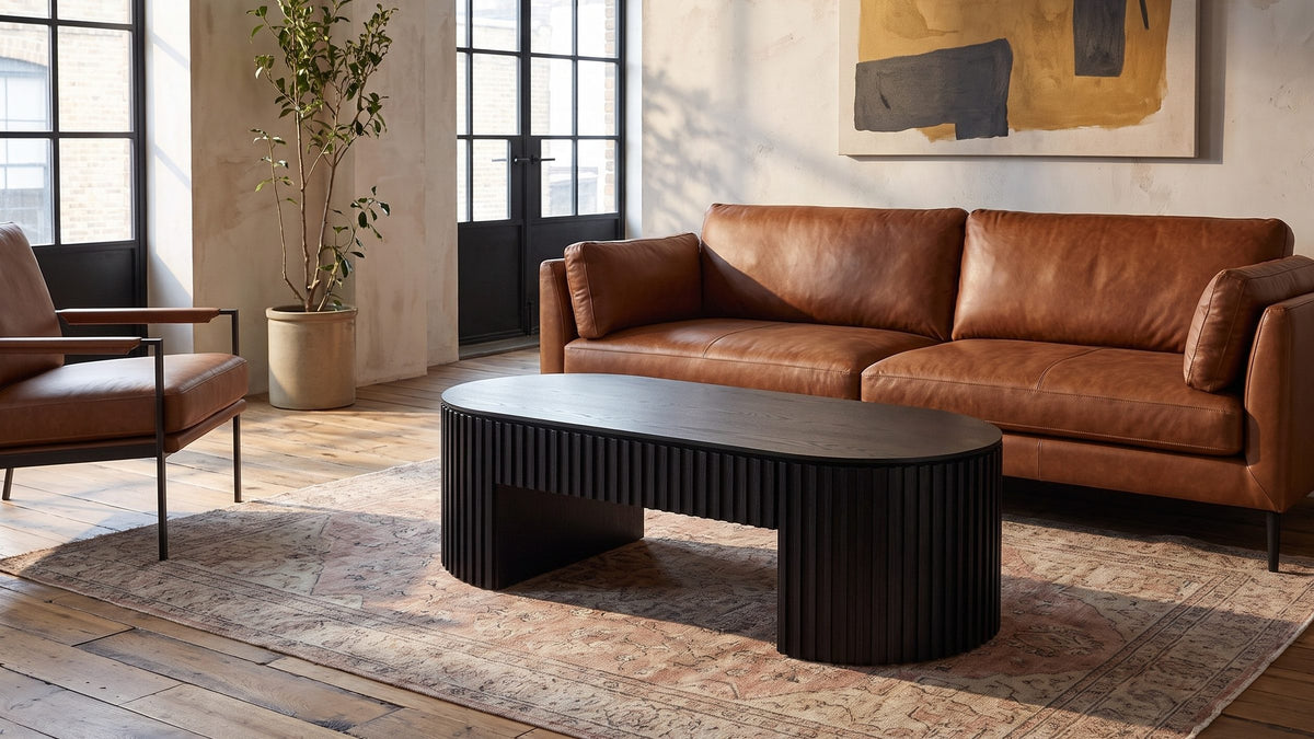 A long black line for the room. - Monterosso Black Wood Veneer Fluted Oval Coffee Table