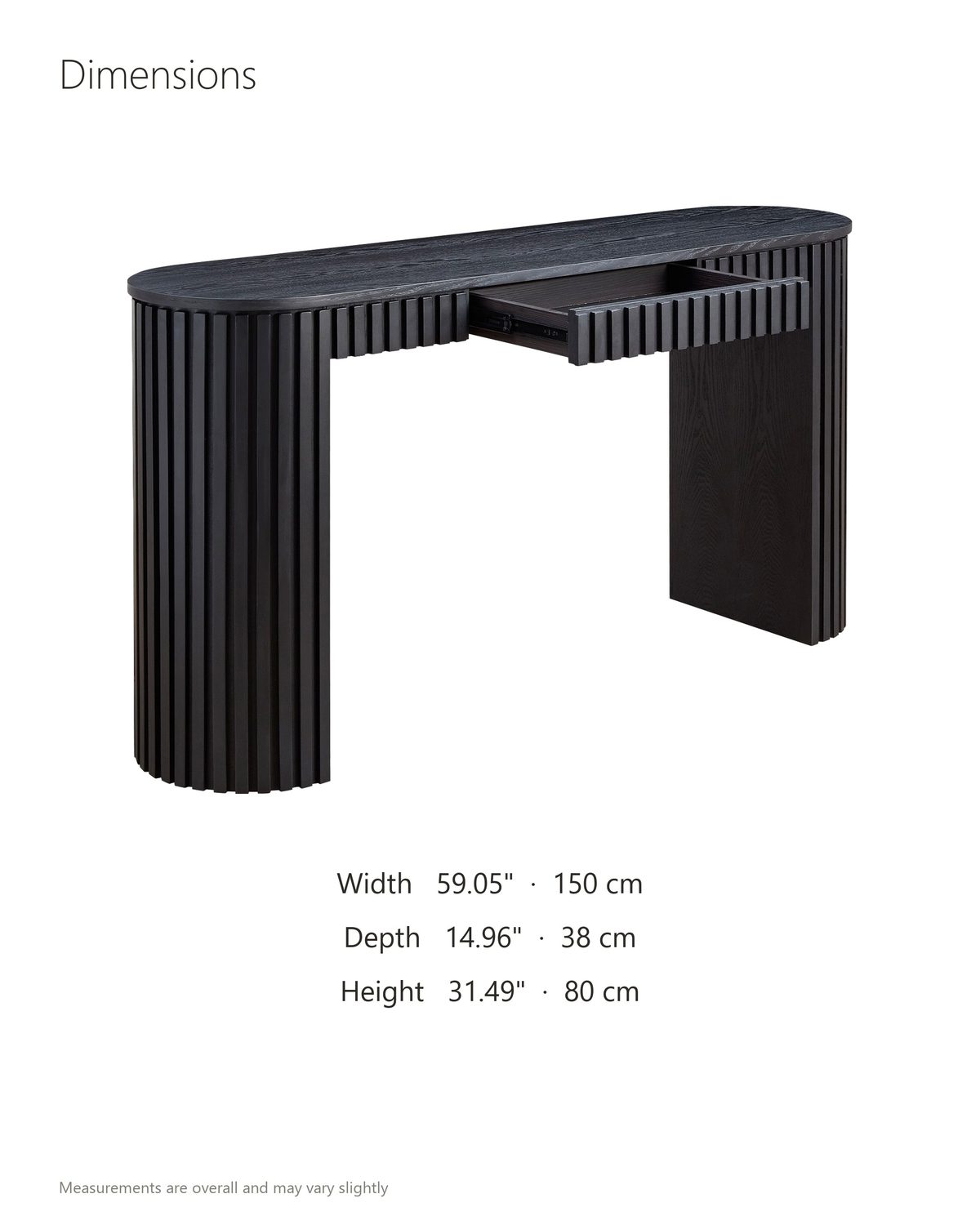 Monterosso Black Wood Veneer Fluted Oval Console Table dimensions: 59.05 in wide, 14.96 in deep, 31.49 in high