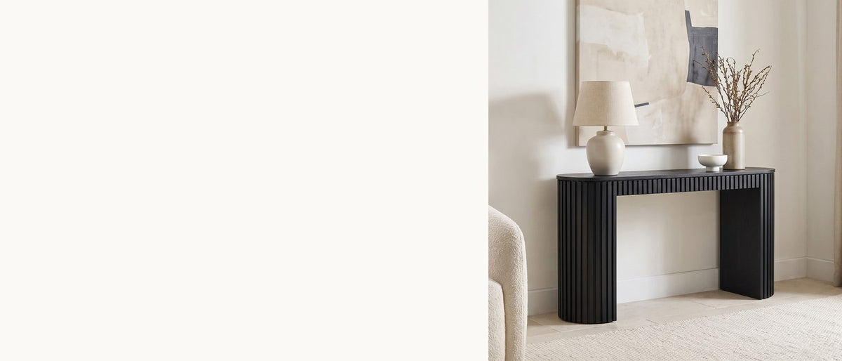 Slatted ends, a drawer between. - Monterosso Black Wood Veneer Fluted Oval Console Table