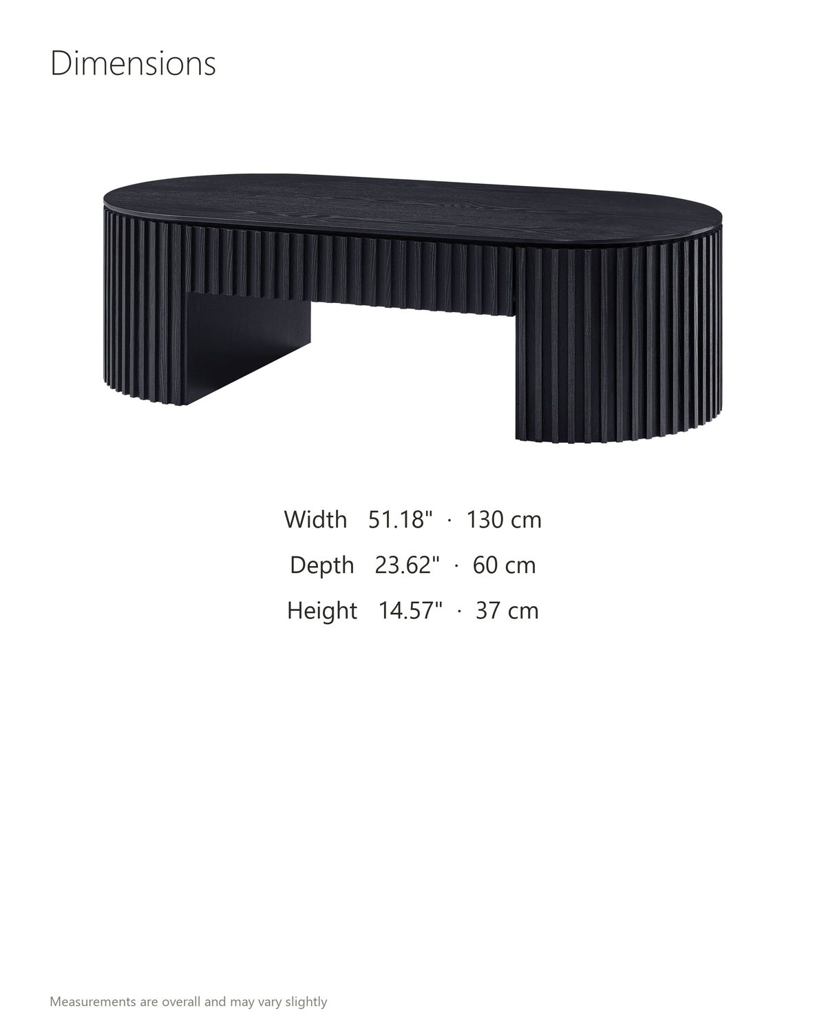 Monterosso Black Wood Veneer Fluted Oval Coffee Table dimensions: 51.18 in wide, 23.62 in deep, 14.57 in high