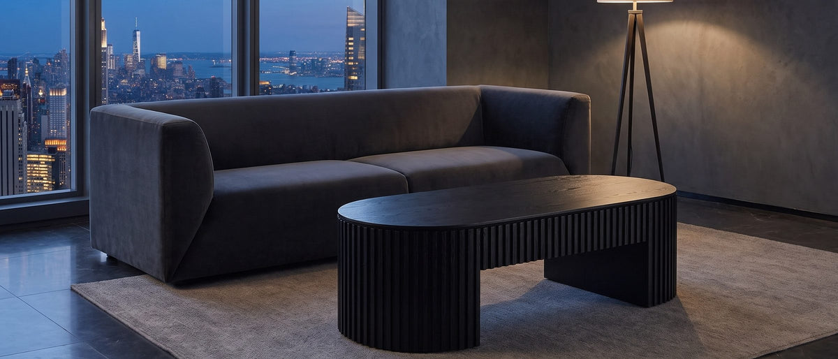 Monterosso Black Wood Veneer Fluted Oval Coffee Table in the room