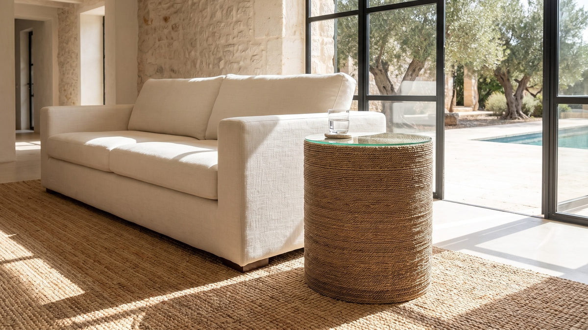 Natural texture, quiet shape. - Montescaglioso Woven Seagrass Drum Side Table