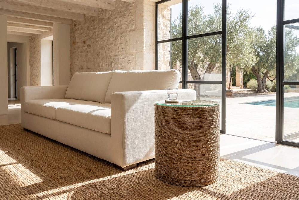 A simple drum beside the sofa