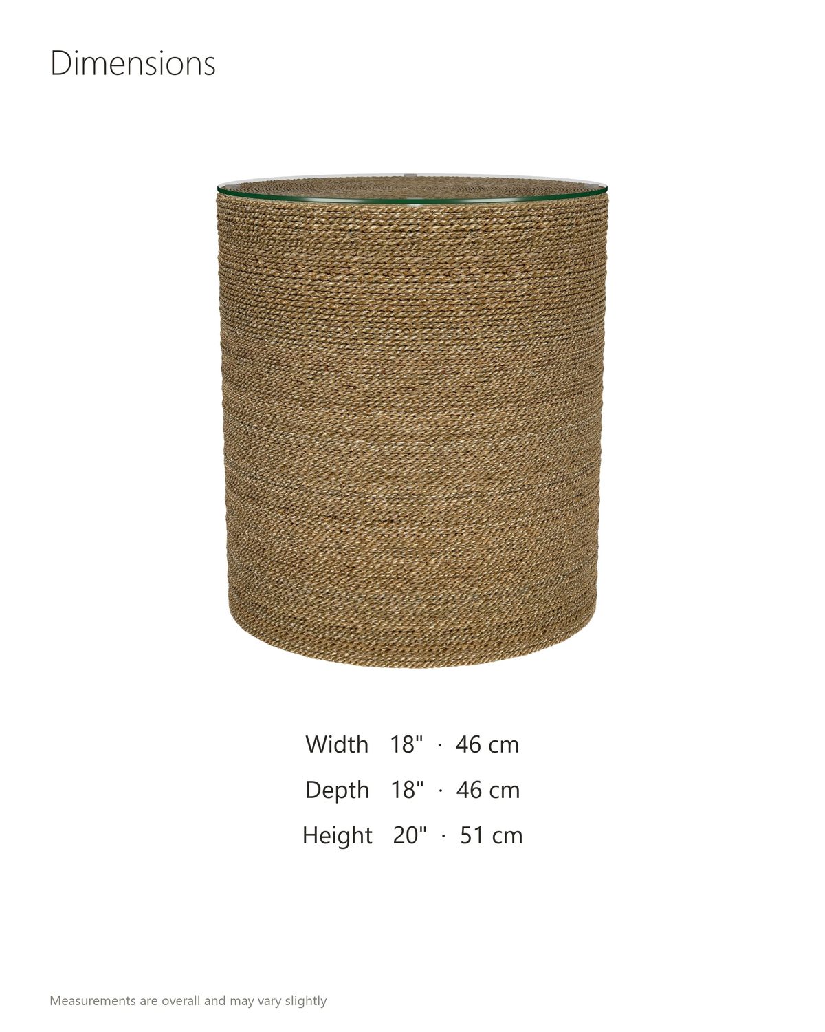 Montescaglioso Woven Seagrass Drum Side Table dimensions: 18 in wide, 18 in deep, 20 in high