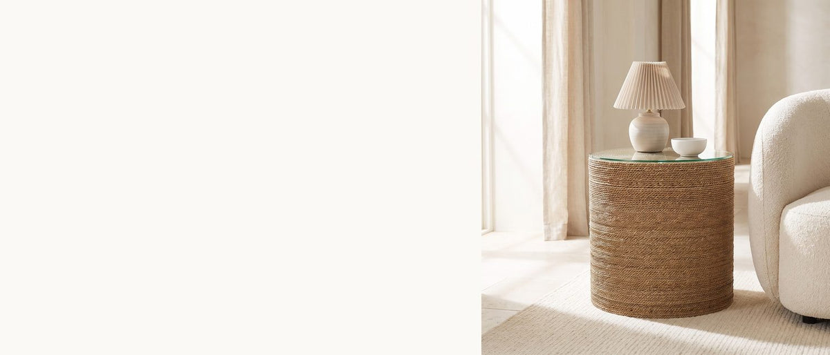 Seagrass, coiled under glass. - Montescaglioso Woven Seagrass Drum Side Table