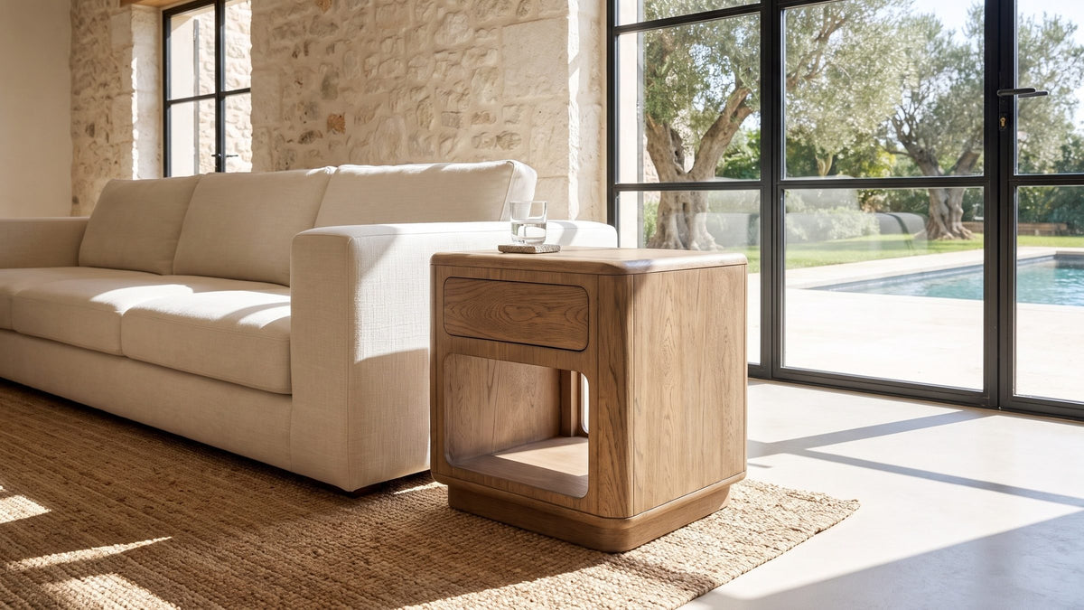 Soft corners, quiet wood. - Monticchiello Driftwood Oak Veneer Cube Side Table