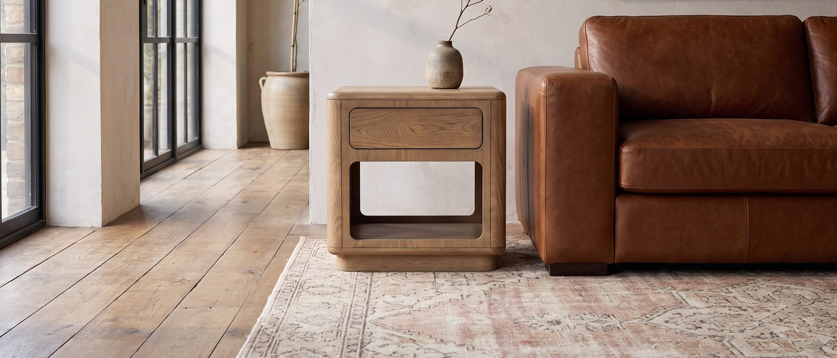 Monticchiello Driftwood Oak Veneer Cube Side Table in the room