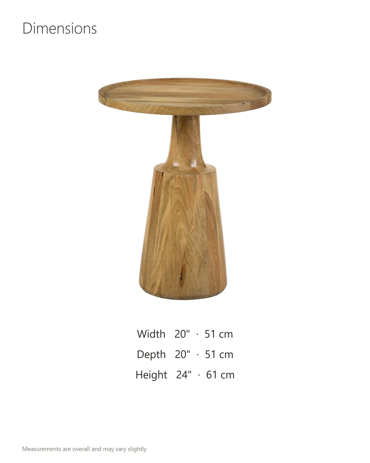 Montisi Natural Mango Pedestal Side Table dimensions: 20 in wide, 20 in deep, 24 in high