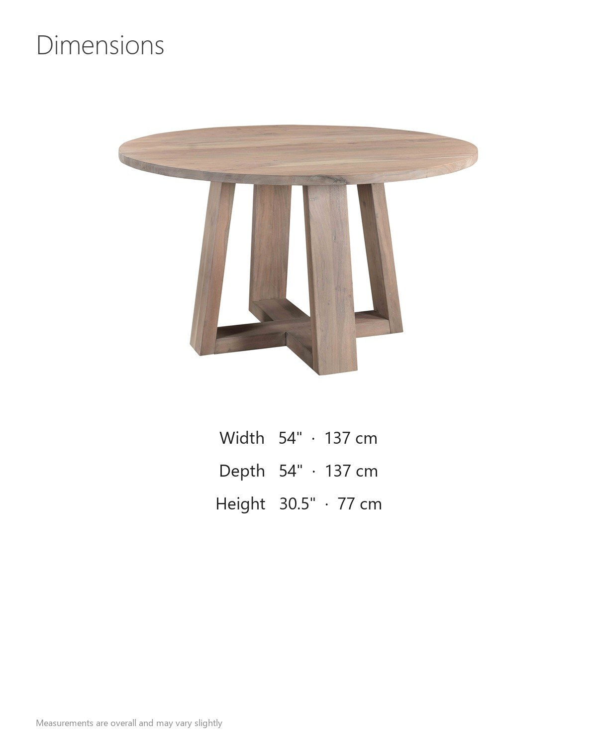 Morano 54-Inch Round Grey-Washed Solid Acacia Dining Table dimensions