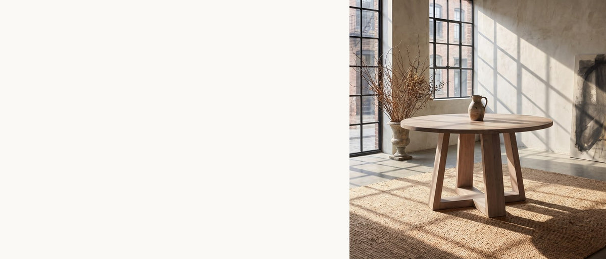 Four chairs, one strong shape. - Morano 54-Inch Round Grey-Washed Solid Acacia Dining Table
