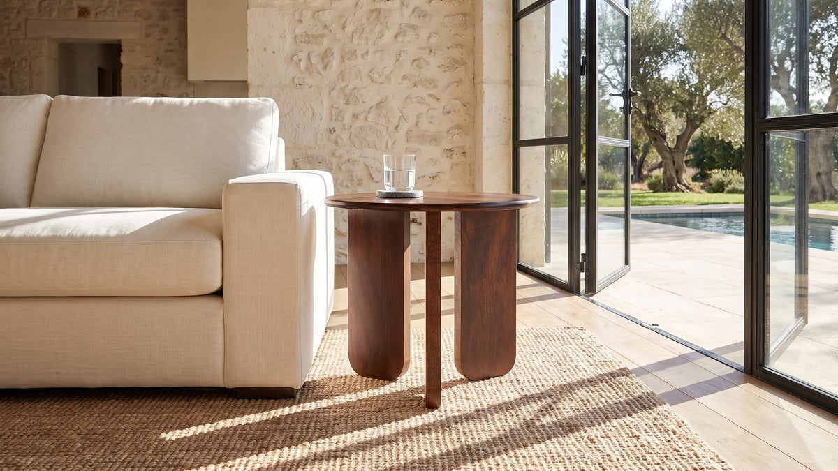 Warm brown, softly rounded. - Morciano Mango Wood Round Side Table