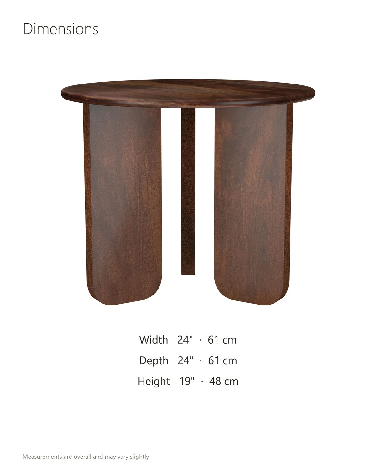 Morciano Mango Wood Round Side Table dimensions: 24 in wide, 24 in deep, 19 in high