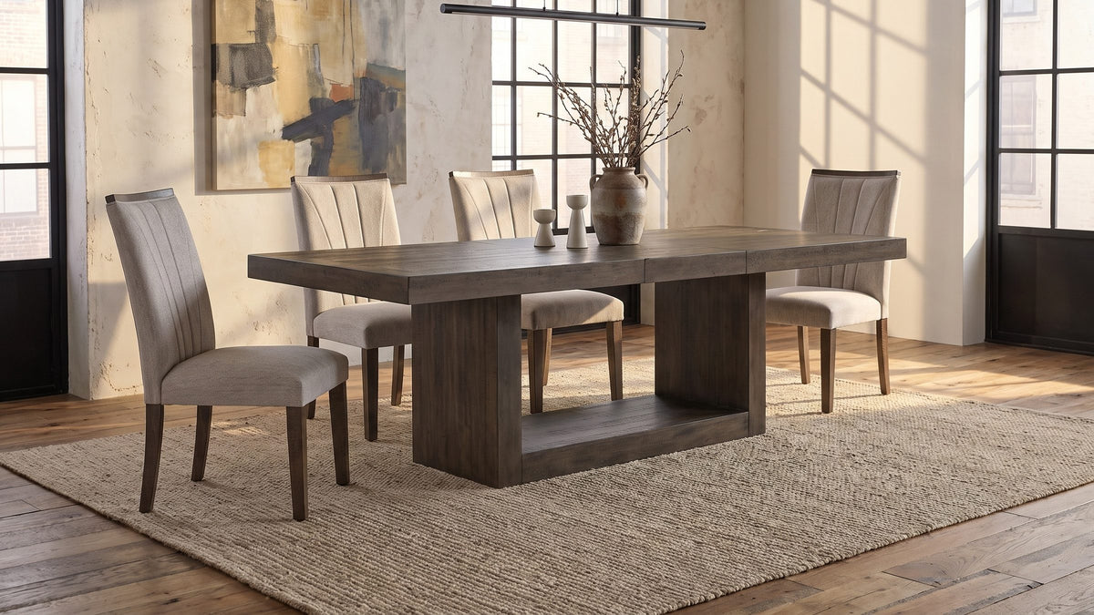 Dark wood, soft grey. - Mormanno 76 to 96-Inch Extending Brown Acacia Dining Set with 4 Chairs