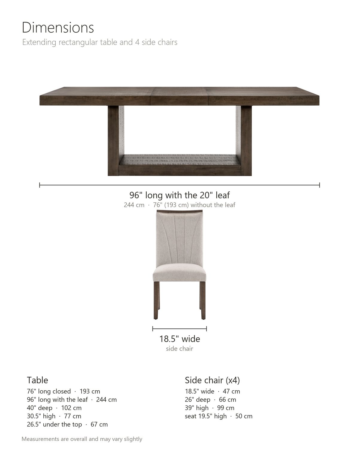 Mormanno 76 to 96-Inch Extending Brown Acacia Dining Set with 4 Chairs dimensions: table 76 in long closed and 96 in long with the 20-in leaf, 40 in deep and 30.5 in high, 26.5 in clearance under the top; each chair 18.5 in wide, 26 in deep and 39 in high, seat 19.5 in high