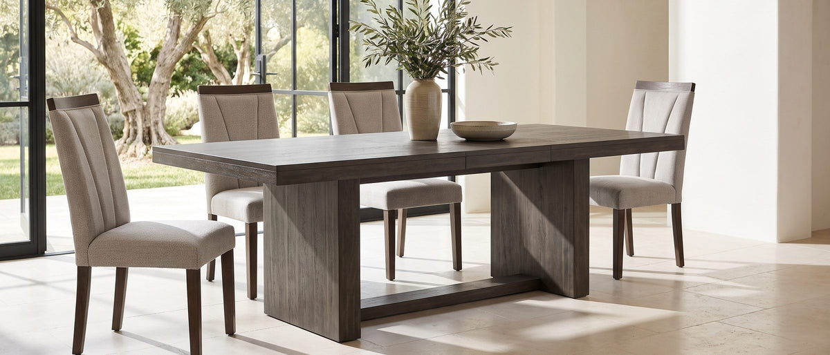Mormanno 76 to 96-Inch Extending Brown Acacia Dining Set with 4 Chairs in the room