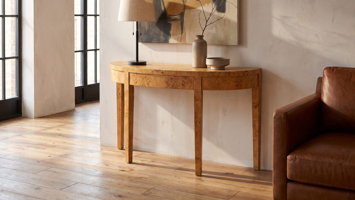 A curve of honey-gold burl. - Mottola Mappa Burl Half-Moon Console Table