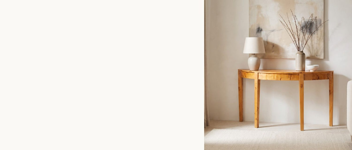 A half-moon in honey burl. - Mottola Mappa Burl Half-Moon Console Table