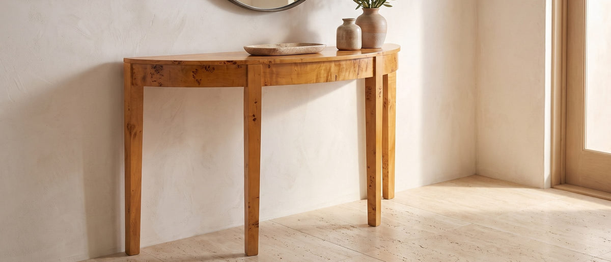 Mottola Mappa Burl Half-Moon Console Table in the room