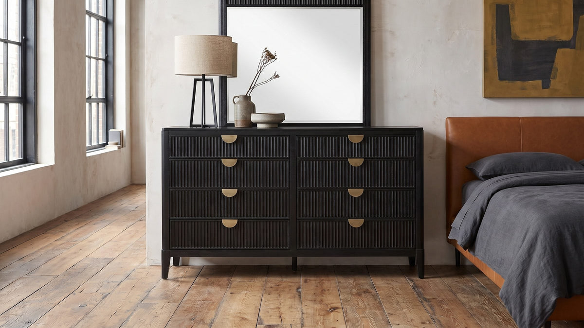 Fine reeds, long light. - Murano 66-Inch Black Oak 8-Drawer Dresser with Mirror