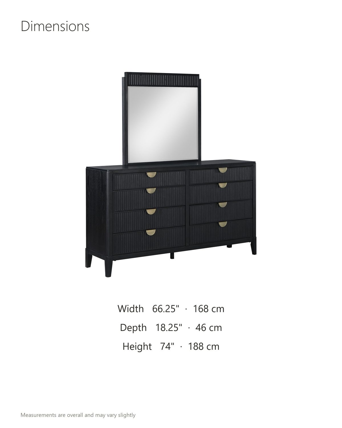 Murano 66-Inch Black Oak 8-Drawer Dresser with Mirror dimensions: dresser 66.25 in wide, 18.25 in deep, 38 in high; mirror 36 in wide by 36 in high; 74 in high overall with the mirror