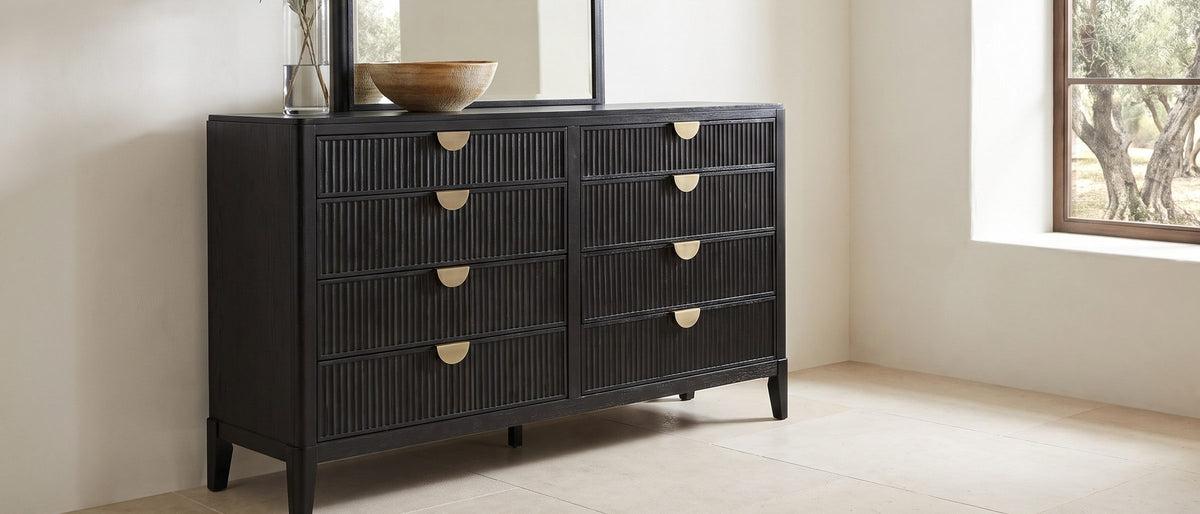 Murano 66-Inch Black Oak 8-Drawer Dresser with Mirror in the room