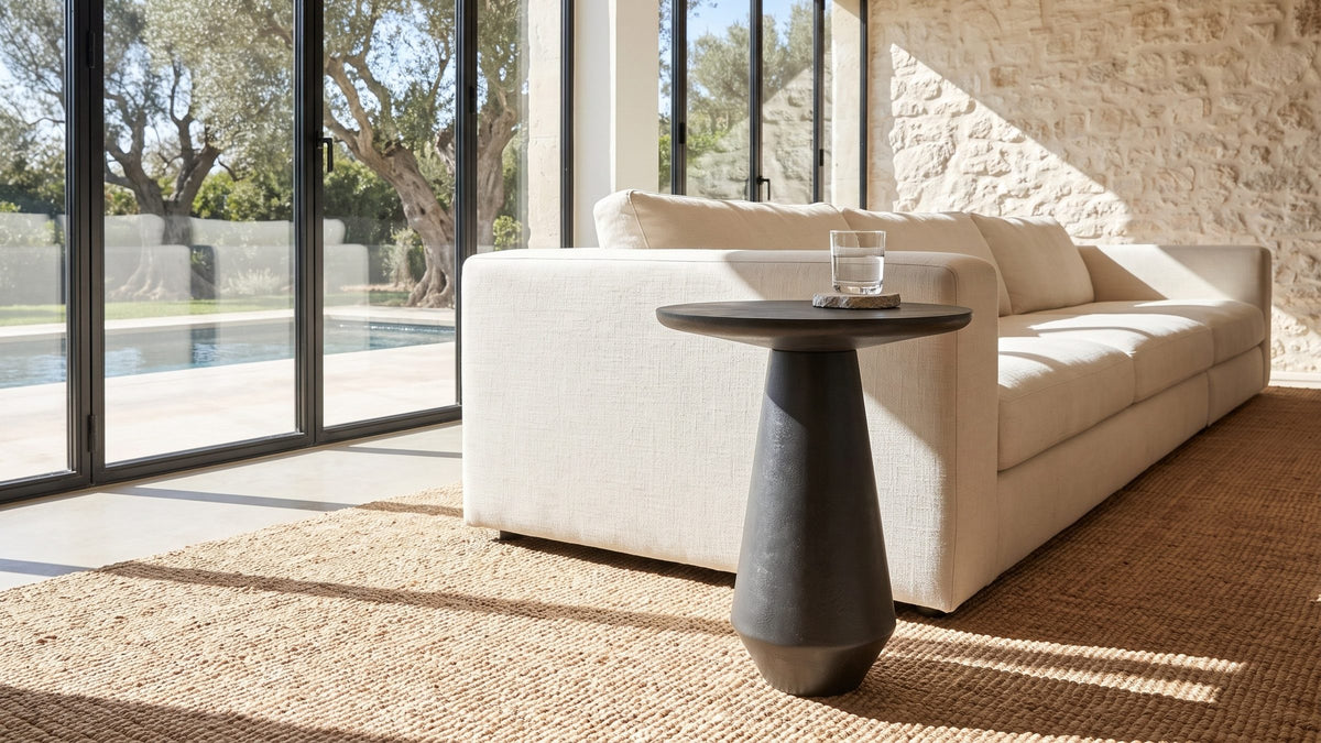 Dark metal, soft lines. - Navelli Graphite Cast Aluminum Pedestal Side Table