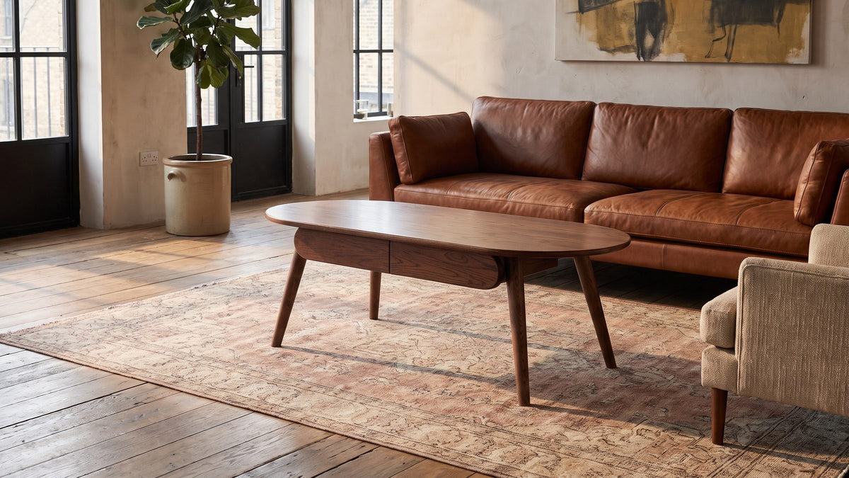 Walnut oak, rounded ends. - Neive 47-Inch Oval Walnut-Stained Solid Oak Coffee Table with 2 Drawers