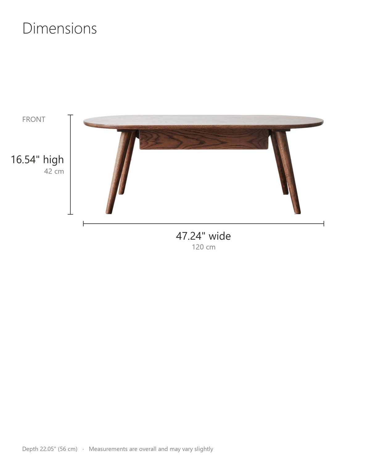 Neive 47-Inch Oval Walnut-Stained Solid Oak Coffee Table with 2 Drawers dimensions: 47.24 in wide, 22.05 in deep, 16.54 in high