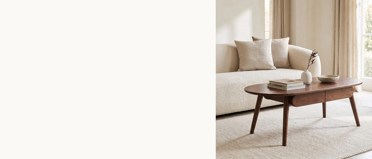 Solid oak, softly rounded. - Neive 47-Inch Oval Walnut-Stained Solid Oak Coffee Table with 2 Drawers