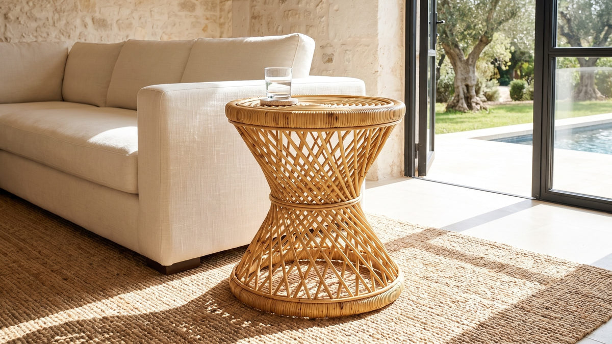 Natural cane, lightly done. - Neviano Natural Rattan Hourglass Side Table