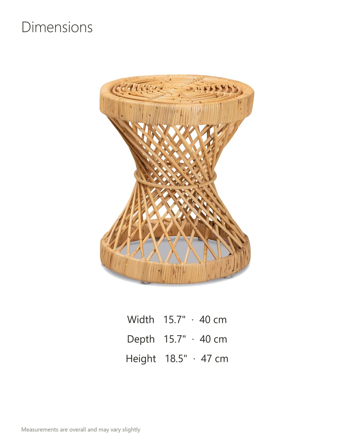 Neviano Natural Rattan Hourglass Side Table dimensions: 15.7 in wide, 15.7 in deep, 18.5 in high