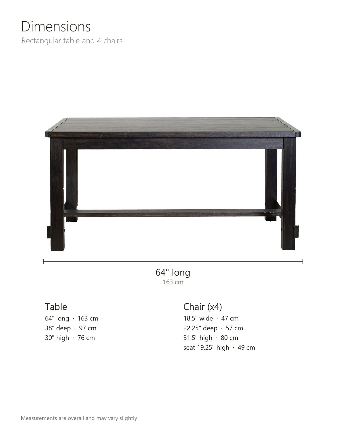 Nicastro 64-Inch Antique Black Farmhouse Dining Set with 4 Chairs dimensions: table 64 in long, 38 in wide and 30 in high; each chair 18.5 in wide, 22.25 in deep and 31.5 in high, seat 19.25 in high
