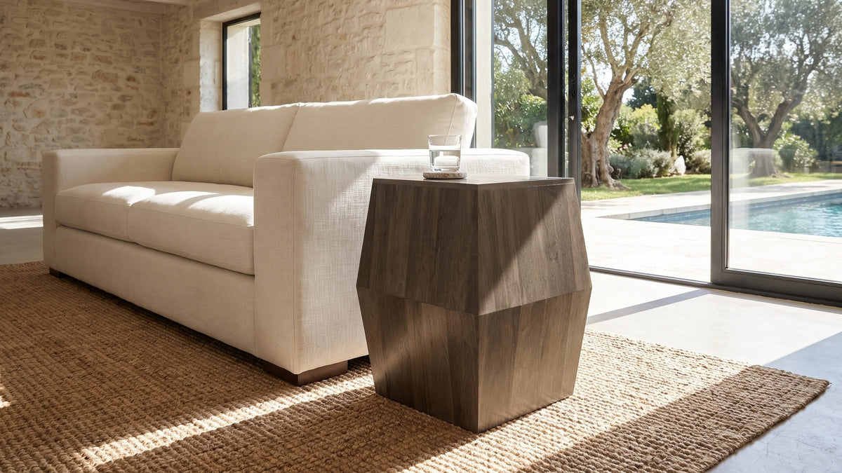 Cool grey, crisp planes. - Nicotera Ash Grey Mango Faceted Side Table