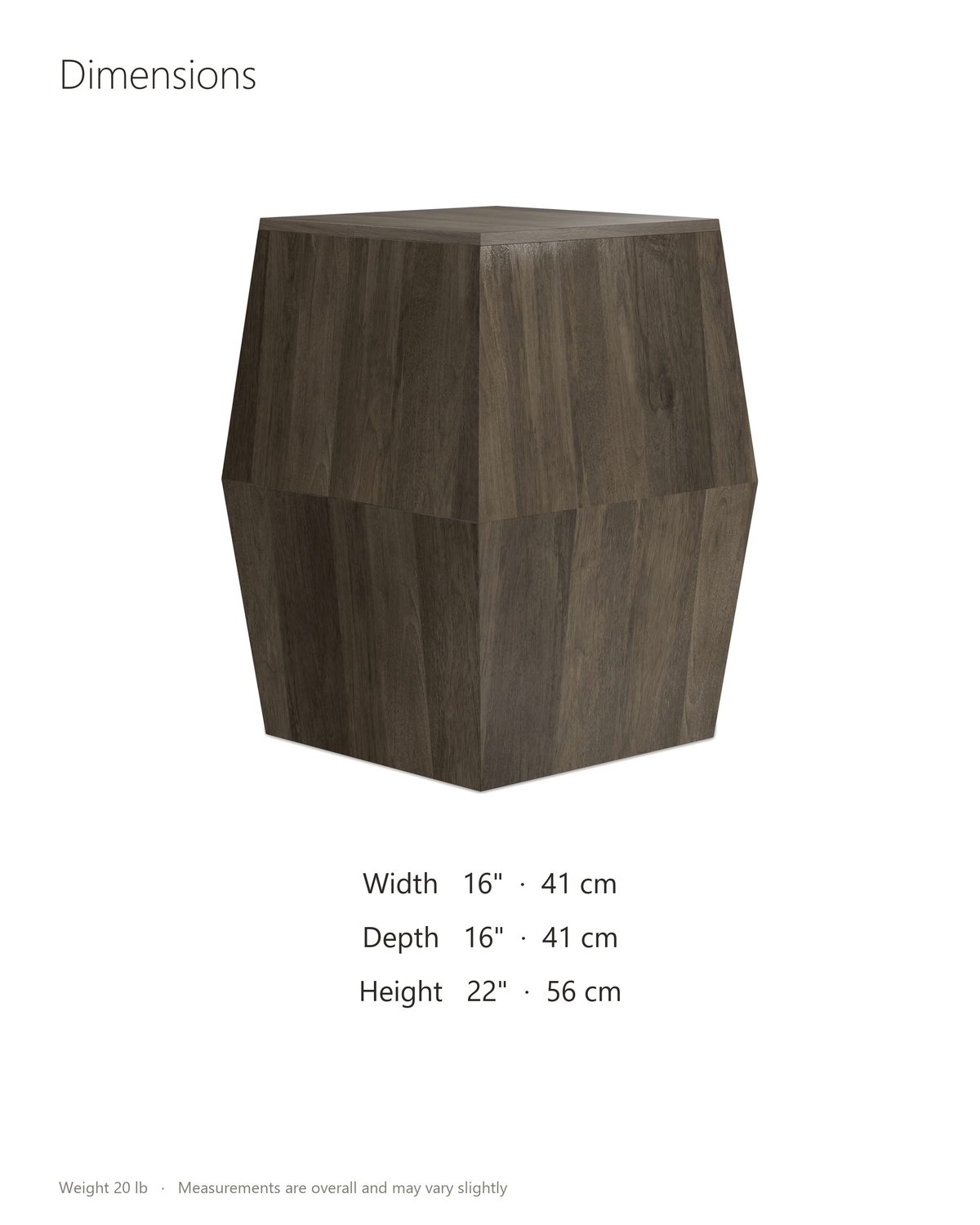 Nicotera Ash Grey Mango Faceted Side Table dimensions: 16 in wide, 16 in deep, 22 in high