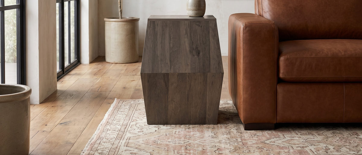 Nicotera Ash Grey Mango Faceted Side Table in the room