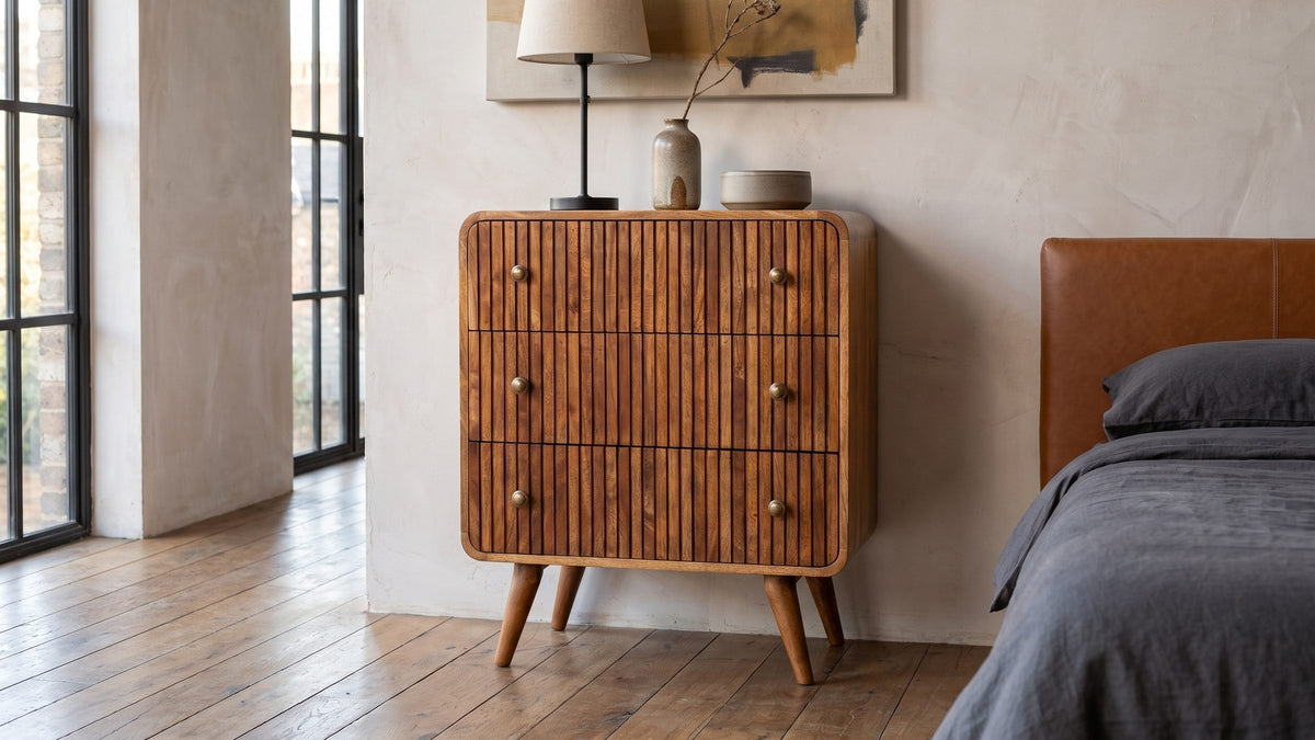 Warm stripes, mid-century legs. - Noale 28-Inch Honey Caramel Solid Mango 3-Drawer Chest